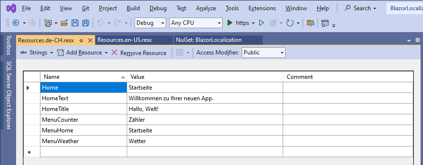 Visual Studio: Resources.de-CH.resx Visual Studio with the German resources file opened.