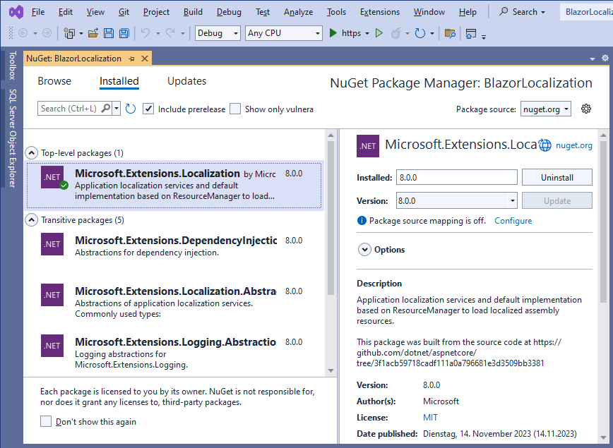 NuGet Explorer: Microsoft.Extensions.Localization package The Nuget Package Explorer with the Microsoft.Extensions.Localizations package installed and selected.