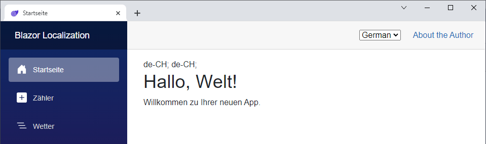 Localization in Blazor: German A Blazor application with a culture selector on the top right where you can select one of the supported languages. The content on the page and the menu is rendered in the selected langauge - German.