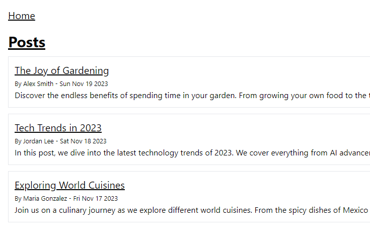 Page listing three blog posts