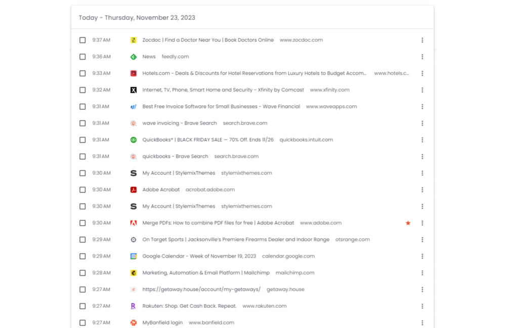 The History panel in the Brave browser shows a list of visited websites alongside their favicons. We see the circular yellow Zocdoc favicon, the tilted “F” favicon for Feedly, the red square favicon for Hotels.com, and more.
