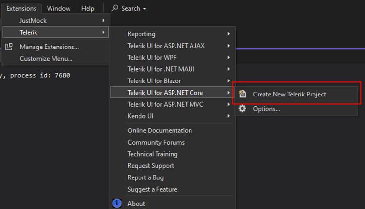 Extensions - Telerik UI for ASP.NET Core - Create New Telerik Project