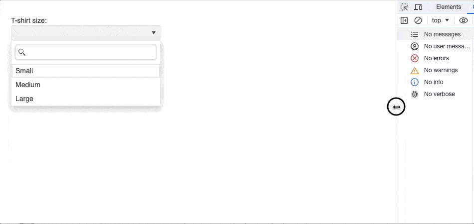 Dropdown list with t-shirt size as the screen is resized