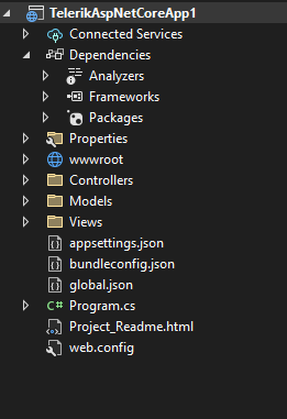 The files of the TelerikAspNetCoreApp1 project include Connected services, dependencies, properties, wwwroot, controllers, models, views, program.cs