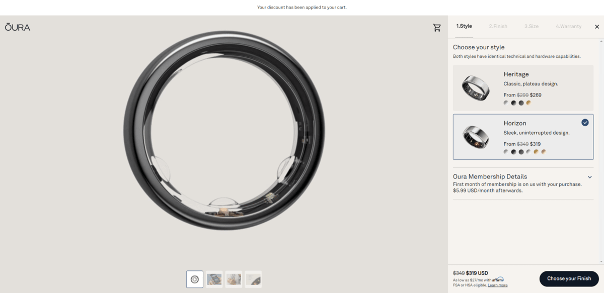 The first page of the Oura ring ordering process. Shoppers choose their style. Heritage rings start at $269 and Horizon rings start at $319. At the bottom of the page, it says that payments may be “as low as $27/month with Affirm”.