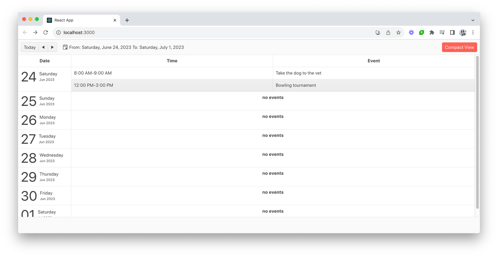 This schedule shows the agenda view, listing the days and their appointments vertically