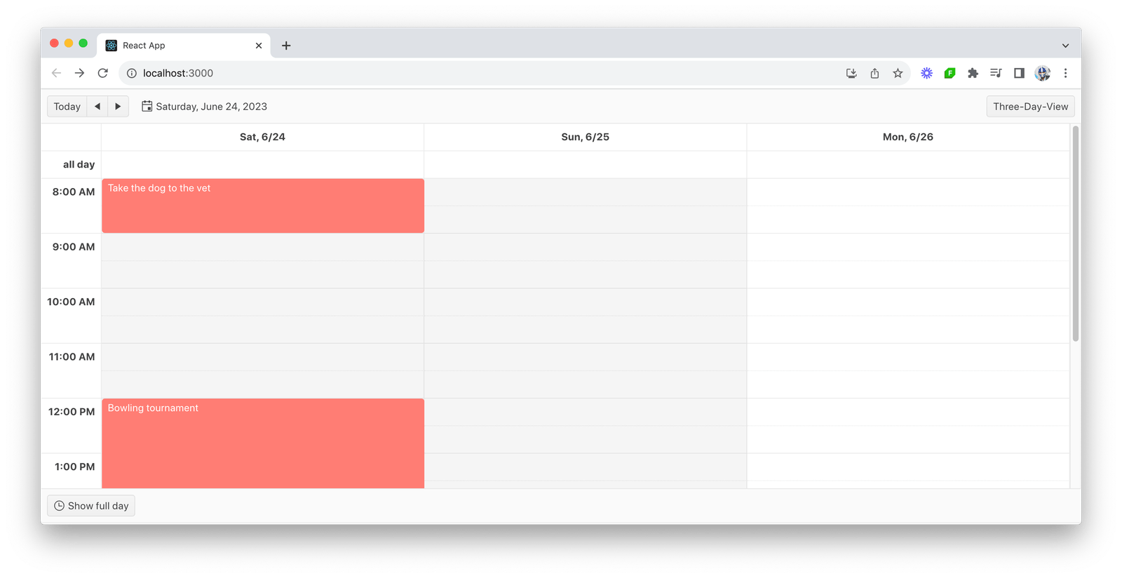 This calendar view shows three days side by side with an hourly schedule