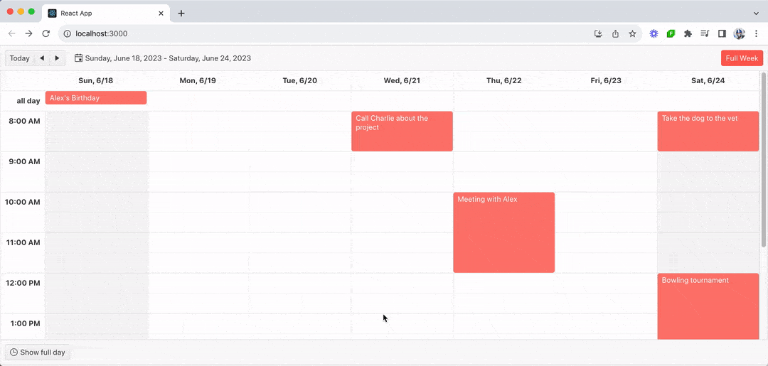 User drags an event from Friday to Monday, and one from 8 am to 11