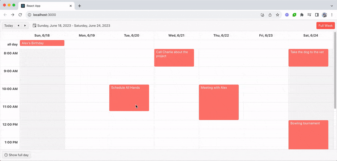 User double-clicks an appointment and modifies the event start and end details, which is reflected when the user saves the changes and the pop up closes