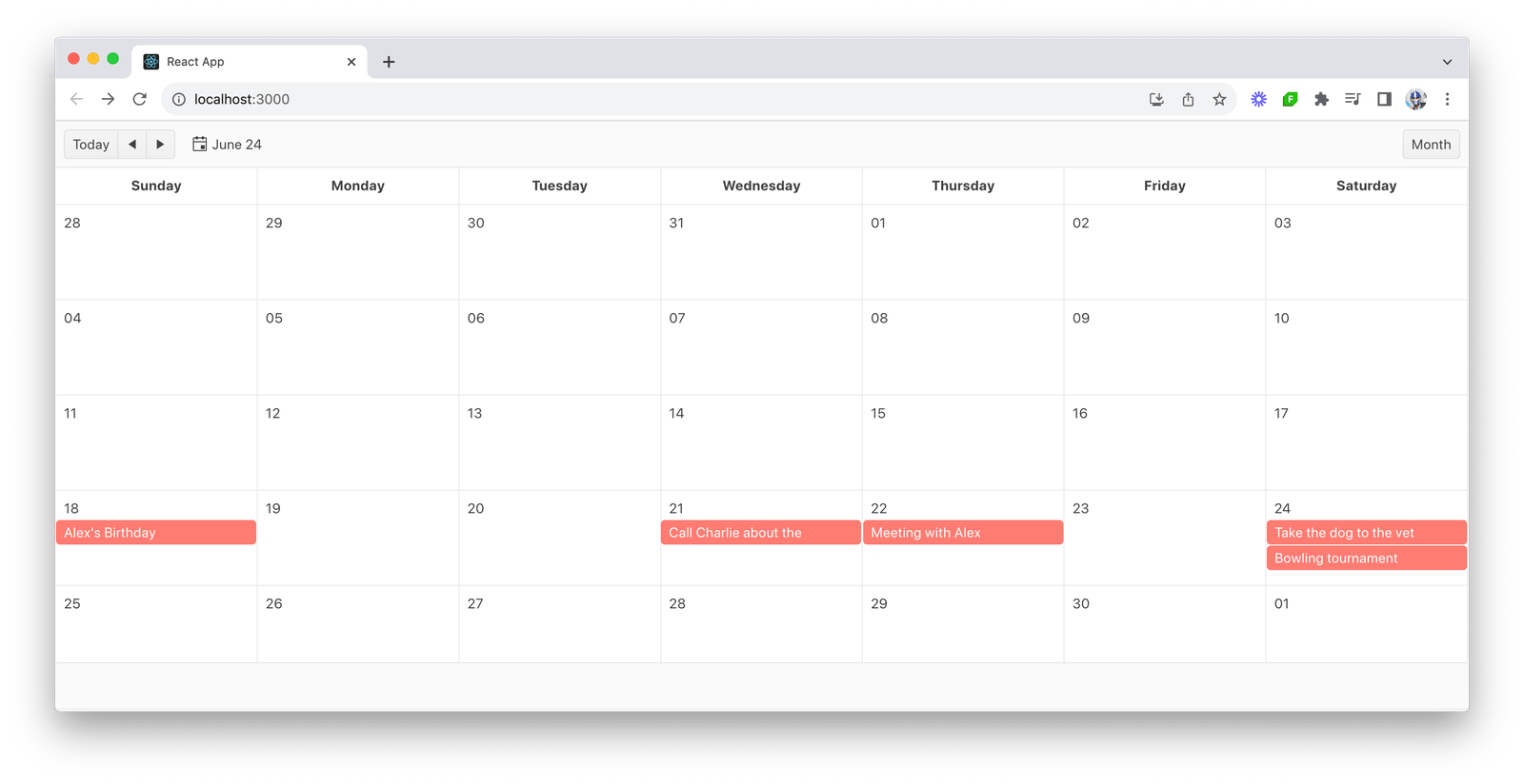 This month view shows a full month's calendar