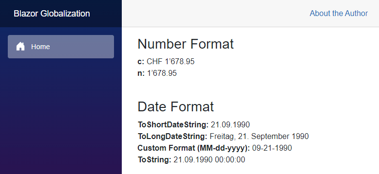 Blazor Globalization: Formatted numbers and dates A Blazor application with formatted numbers and dates.