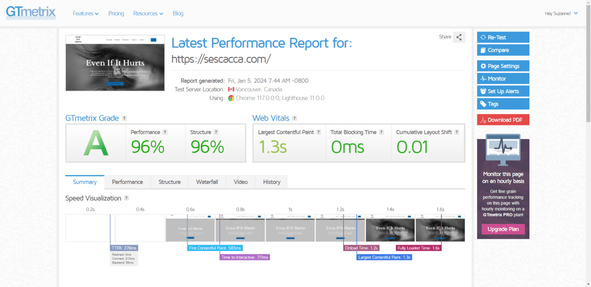 GTmetrix page speed test After running your website through the GTmetrix analyzer, you’ll receive a performance report. You’ll see a grade based on Performance and Structure. You’ll also see Web Vitals that tell you how quickly your website took to load. And in the Summary section is a visualization of your page loading.