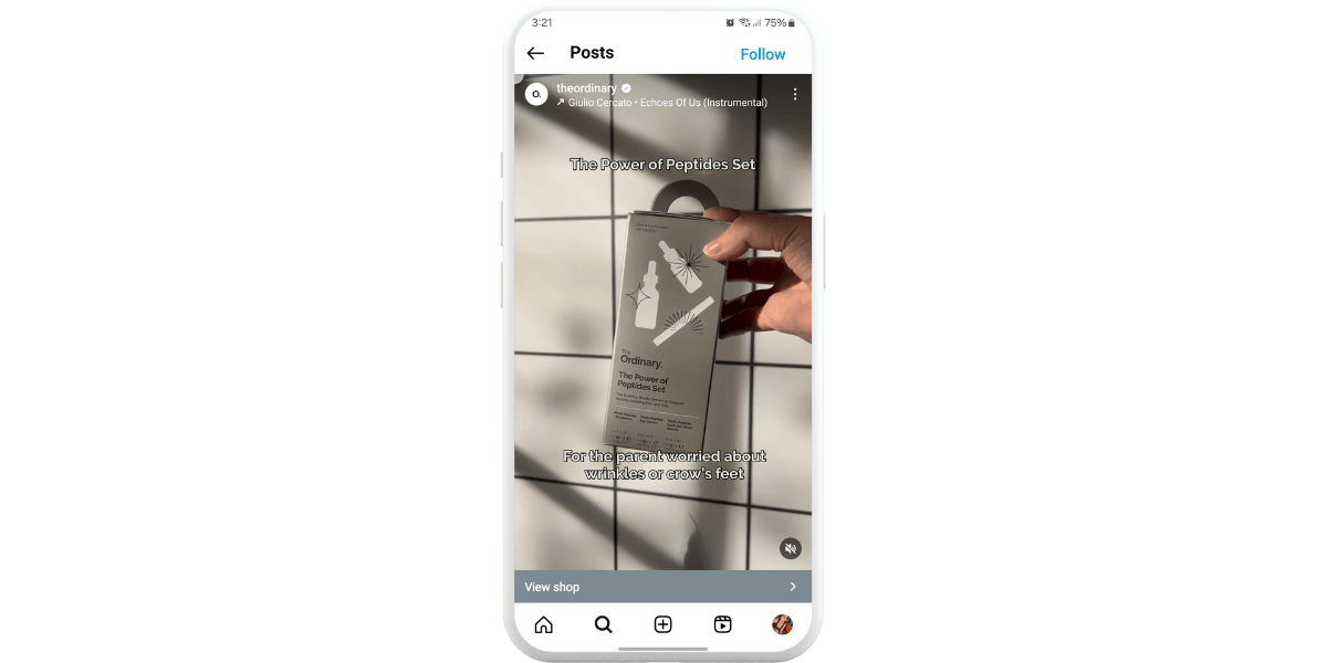 A screenshot of a promotional video for the Power of Peptides Set on The Ordinary’s Instagram channel. At the bottom of the post is a grey “View shop” button which takes users to their Instagram shop.