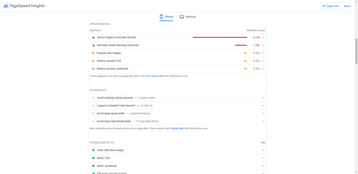 PageSpeed Insights recommendations Under the “Opportunities” section of PageSpeed Insights, the tool lists high, medium, and low priority opportunities to improve page speed. Below that are diagnostics that point to problematic scripts and assets. Users will also find out which speed audits their website passed.