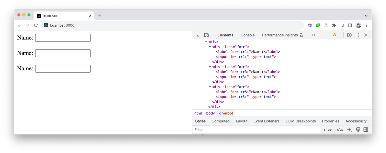 Three name form fields on the left, and the inspect tool showing the code with ids r1, r3 and r5