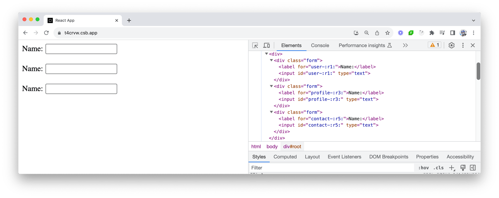 Three name form fields on the left, and the inspect tool showing the code with ids user-r1, profile-r3 and contact-r5