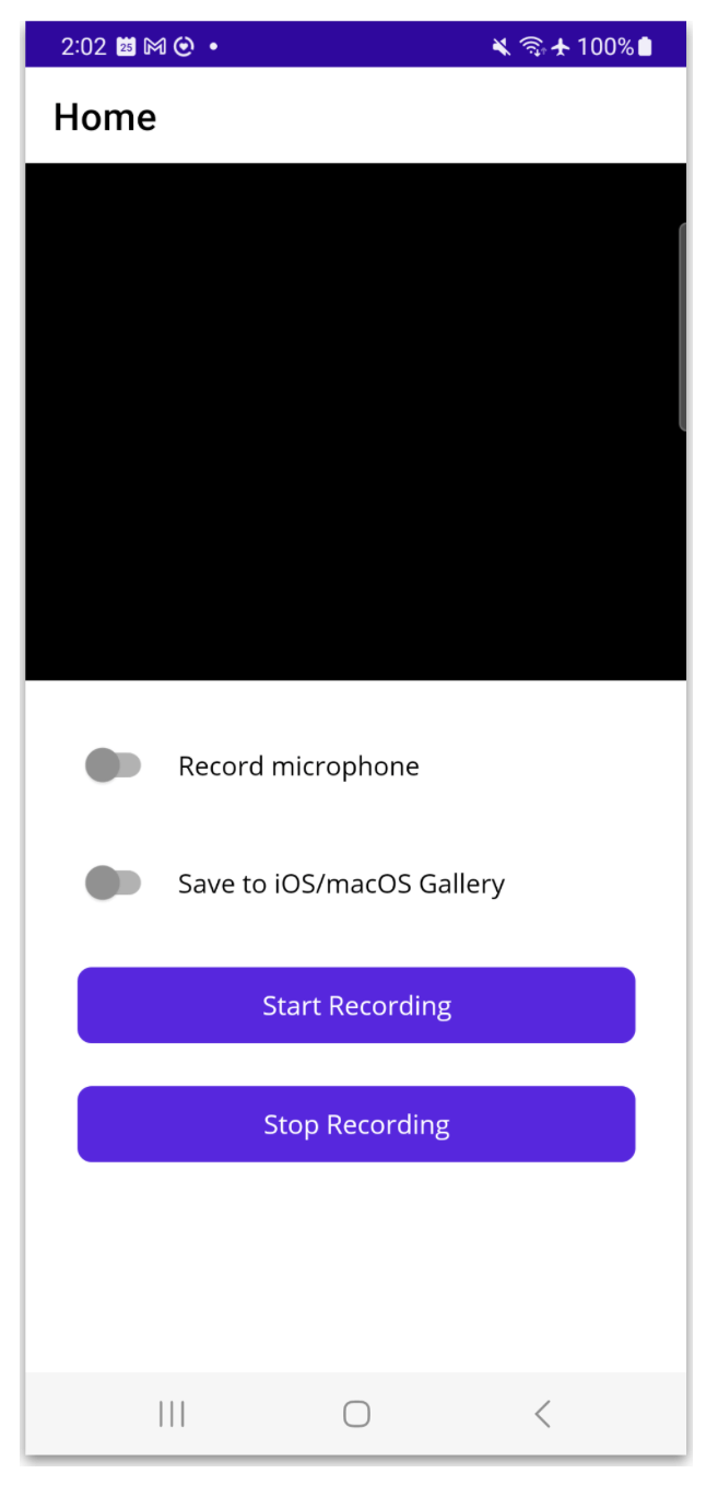 UI Live Demo still of the UI shows place for video, record microphone toggle, save to iOS/macOS gallery toggle, start recording button, stop recording button