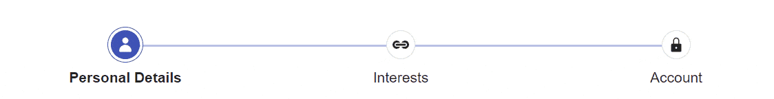 Form Stepper Three steps connect progressively with a line that turns from gray to blue: Personal Details, Interests, Account