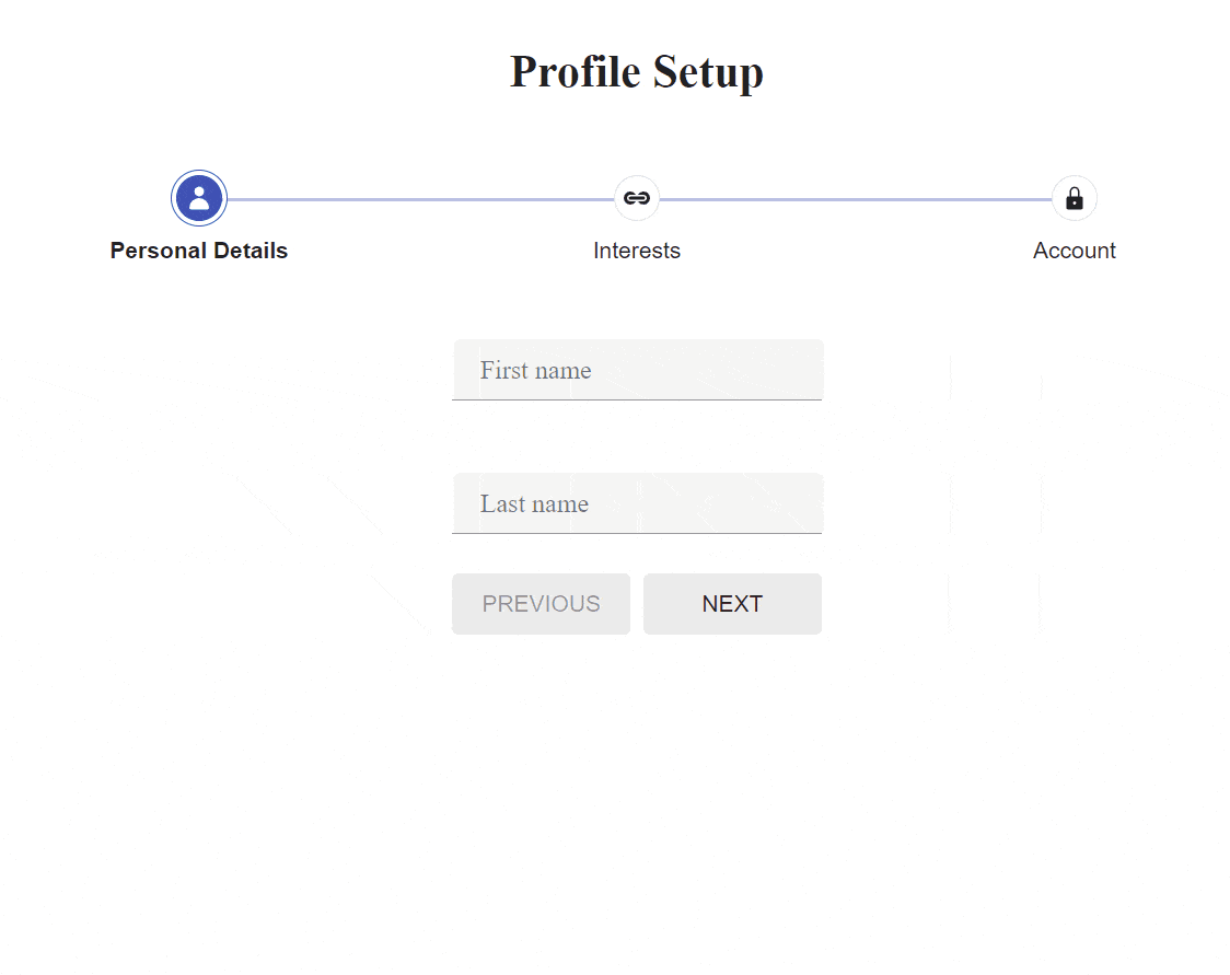 Form Stepper Validation User begins filling out the form. If they skip personal details, an error flags. Same on the Account section. Email and password are required, and the password must meet specific criteria: minimum 8 characters