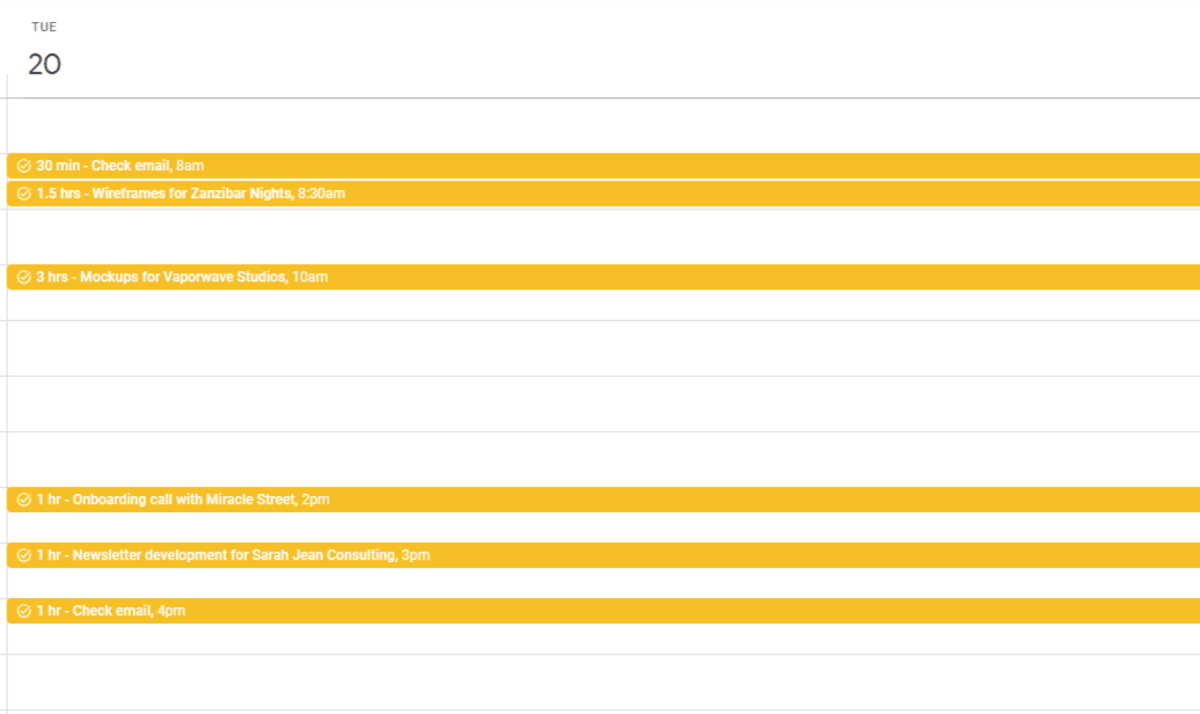 Google Calendar Tasks Within Gmail and Google Calendar, users can use the Task tool to add and manage tasks to their calendars. In this example, we see how a web designer can add tasks (and estimated times) for tasks like wireframes, mockups, onboarding calls, and newsletter development.