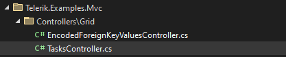 Screenshot of menu structure showing Controllers\Grid and inside it a cs named TasksController.cs
