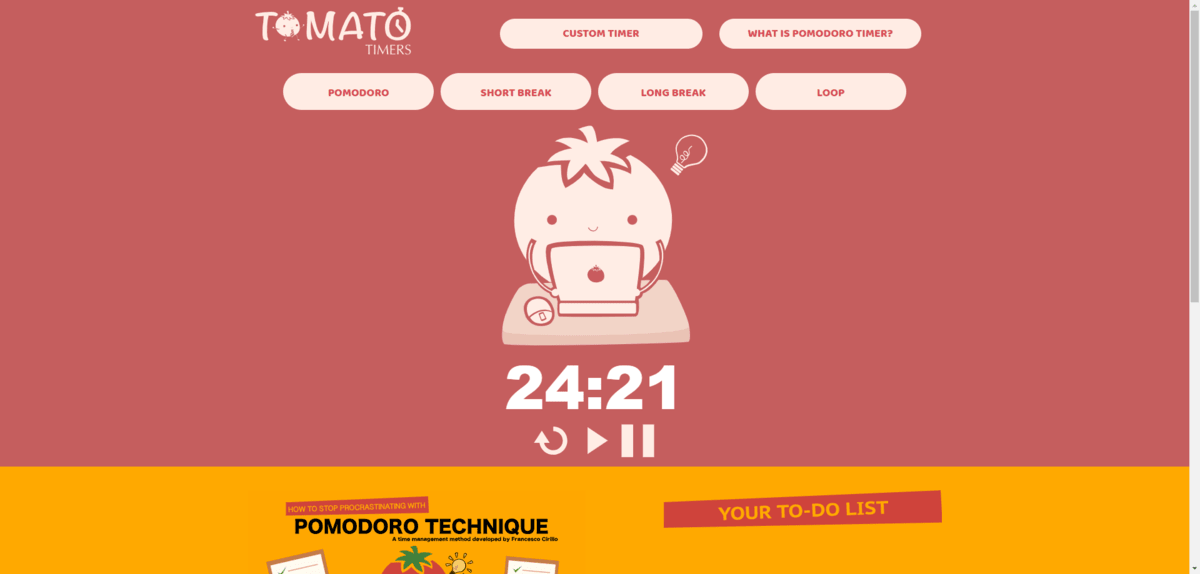 Tomato Timers Tomato Timers is a free app that makes it easy to block your time using the Pomodoro Technique. You can set a timer for a Pomodoro sprint, a Short Break, a Long Break, or a Loop.
