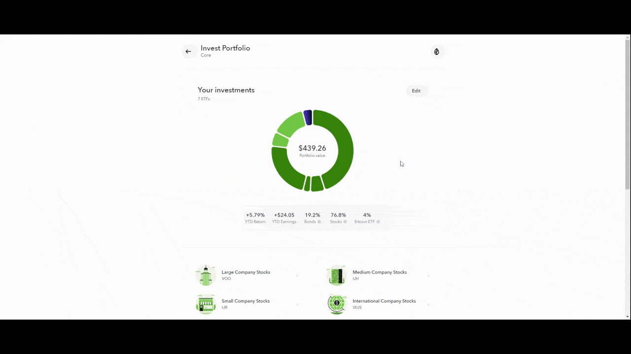 Acorns investment doughnut chart In the Acorns app, users can look at the distribution of their investments. The interactive doughnut chart shows the percentage breakdown of their stock portfolio