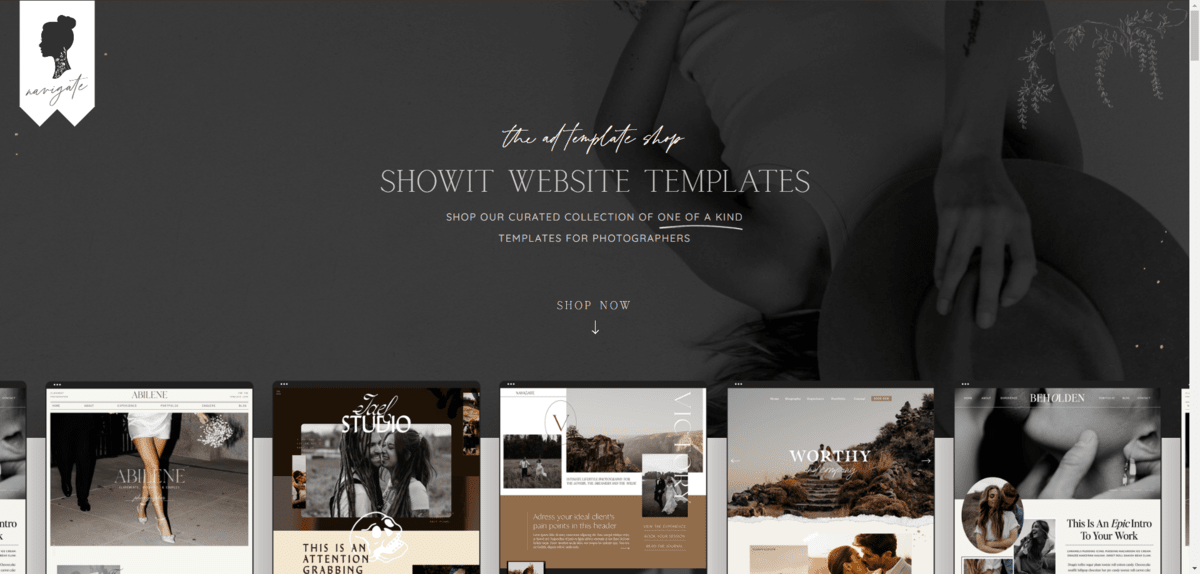 Alisabeth Designs templates shop The Shop page on the Alisabeth Designs website takes visitors to a collection of full website templates made for photographers. People can buy these templates for a lump-sum price and build their own websites.