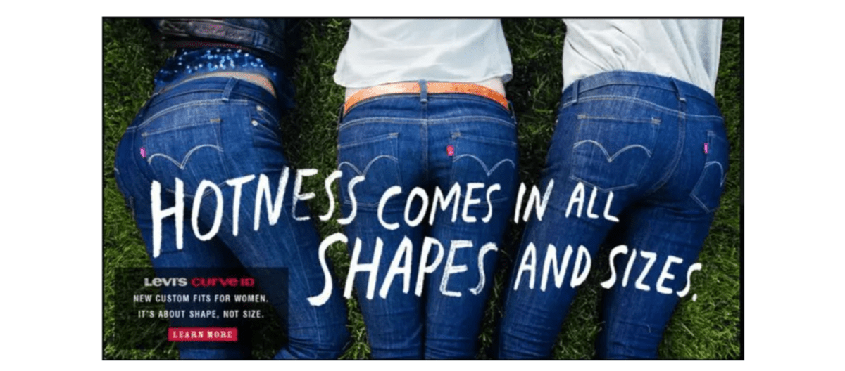 Business Insider - Levi’s ad graphic A screenshot taken from a 2012 Business Insider article shows a Levi’s ad. There are three women lying on the grass, wearing a pair of Levi’s blue jeans. On top of them, it reads “Hotness Comes in All Shapes and Sizes”.