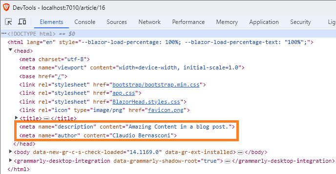 Browser development tools showing the HTML structure of a page with a meta tag for the description and the author of the page.