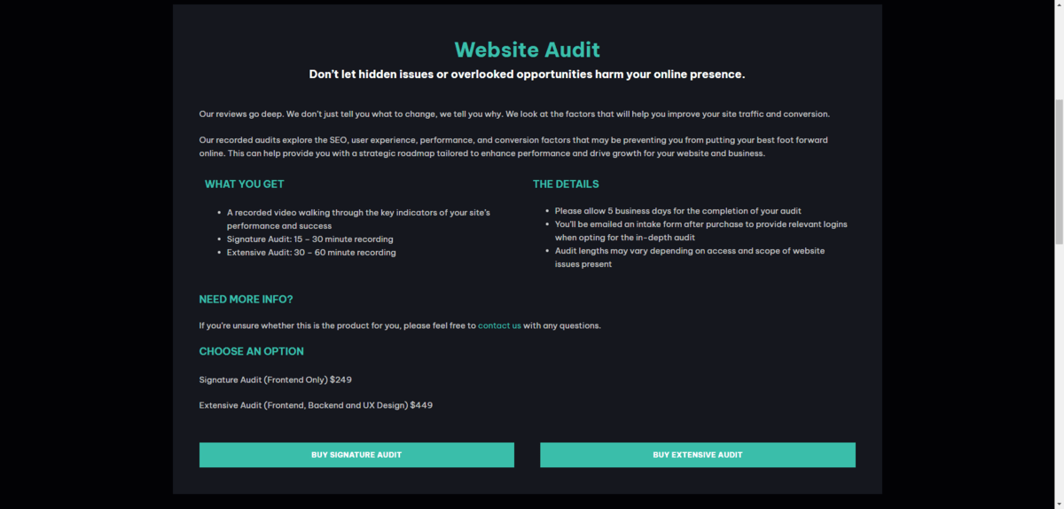 Copper Coin Design Website Audit Copper Coin Design offers two Website Audit packages. This page details what they get along with additional information about the service. Customers then choose from one of two options: the Signature Audit or the Extensive Audit.