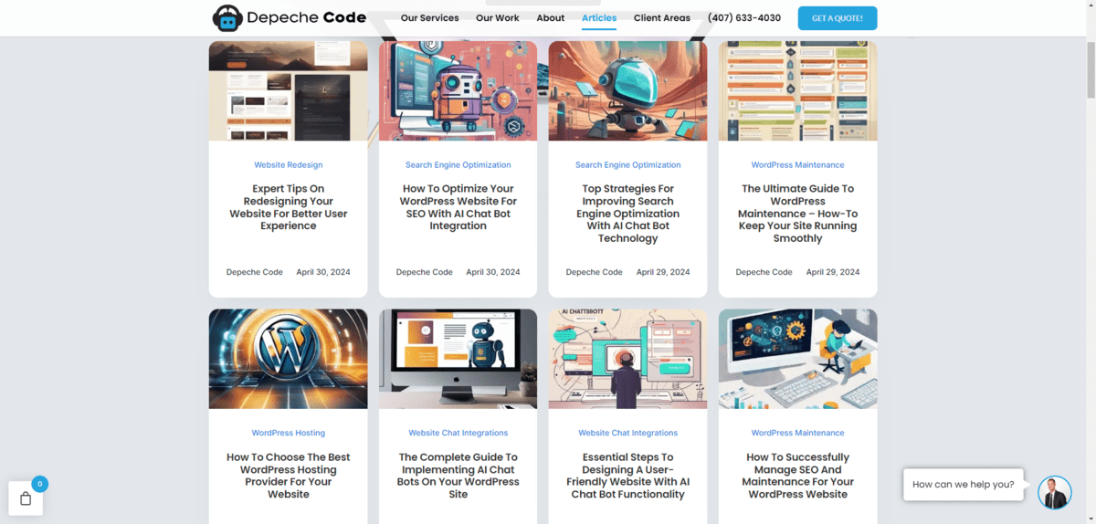 Depeche Code blog The Depeche Code blog posts regularly about web design. Recent posts deal with expert tips for redesigns, using an AI chat bot to optimize SEO, a guide to WordPress maintenance, choosing website hosting, and more.
