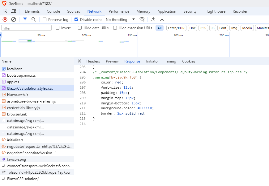 The browser's developer tools showing the content of the BlazorCSSIsolation.styles.css file, which is generated by Blazor CSS Isolation.