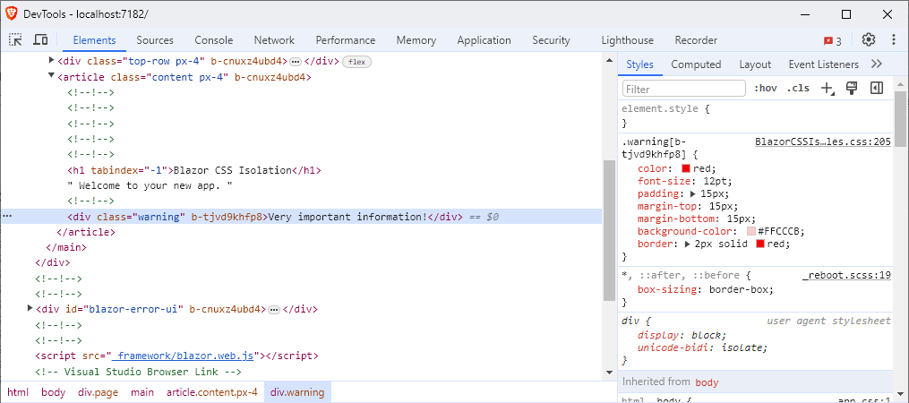 The browser's developer tools showing the styled div element with the CSS class 'warning' applied and a generated ID as another attribute.