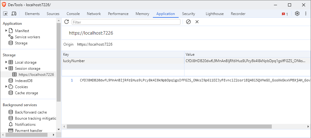 Browser dev tools showing the session storage content with a single key/value pair with the key 'luckyNumber' and an encrypted value.