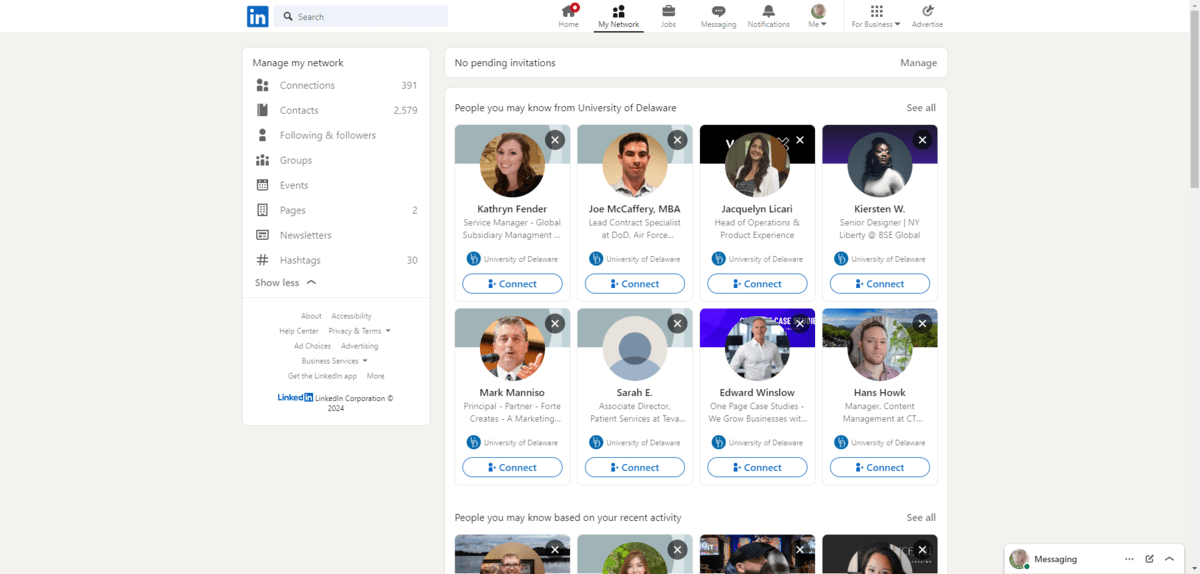 LinkedIn My Network page From the LinkedIn My Network page, users will first see a stream of recommended connections. Here we see other University of Delaware graduates that the user might be interested in connecting with.