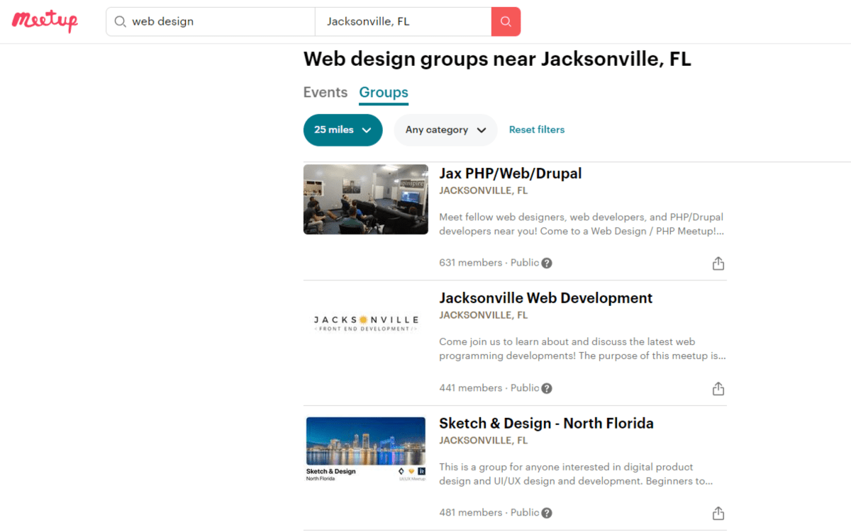 Meetup web design groups Meetup users can search for groups related to their professional industry and roles, like this search for “Web design groups near Jacksonville, FL”. There are three groups shown at the top: Jax PHP/Web/Drupal, Jacksonville Web Development, and Sketch & Design - North Florida.
