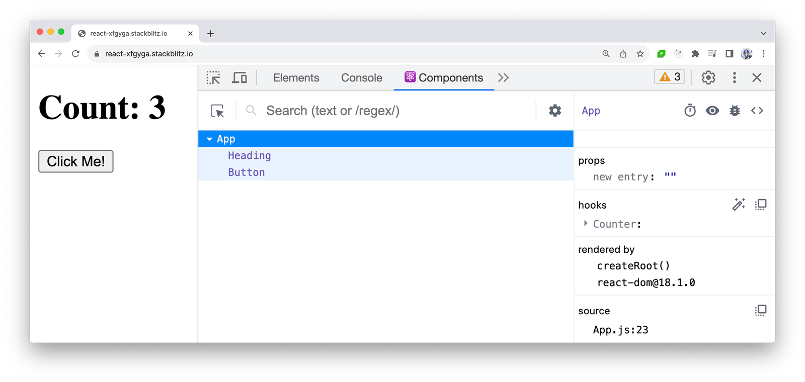 React DevTools showing App - props, hooks, rendered by, source