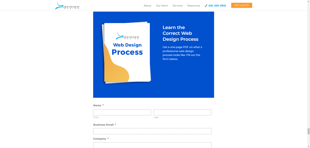 Sayenko Design lead magnet At the bottom of a blog post about 2023 web designs is a short form that gives leads access to a one-page PDF to help them “Learn the Correct Web Design Process”.