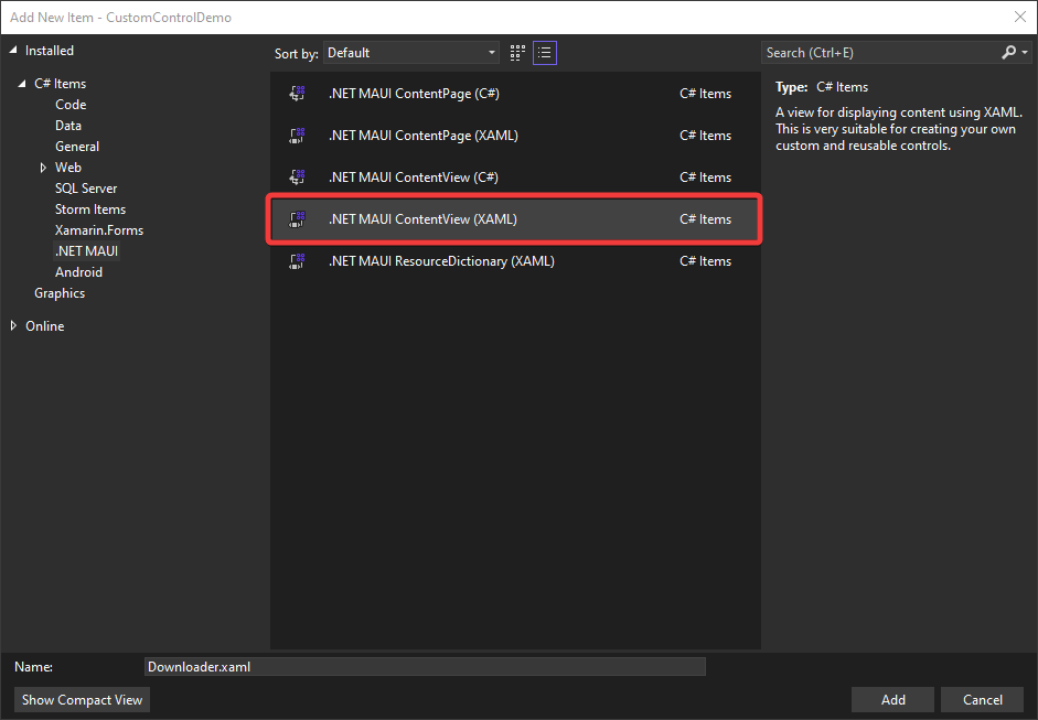 ContentView Template Selecting the ContentView template