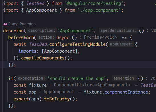 code showing things like describe, beforeEach, fixture, expect, TestBed