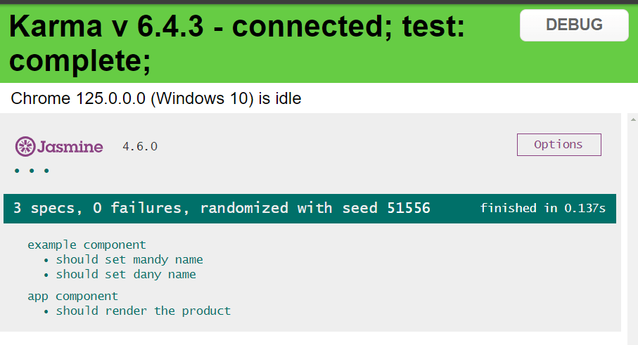 Karma / Jasmine completes successfully. 3 specs, 0 failures