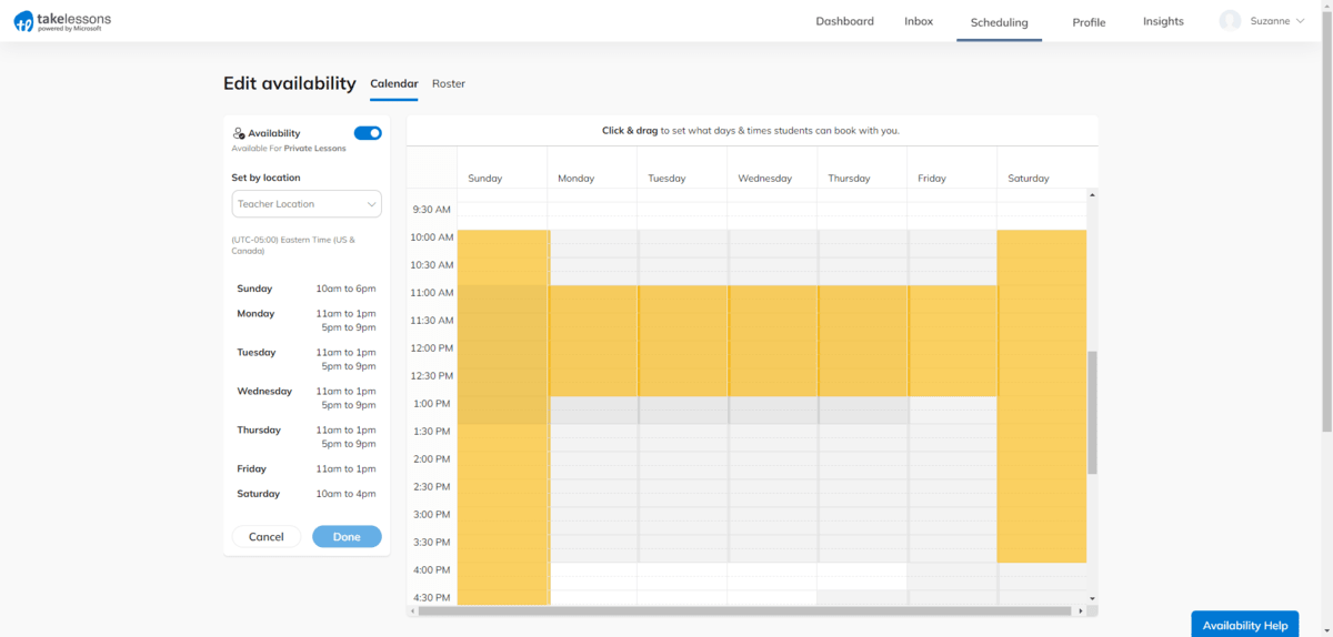 TakeLessons availability calendar TakeLessons tutors have an easy to use calendar tool that enables them to edit their availability seven days a week.