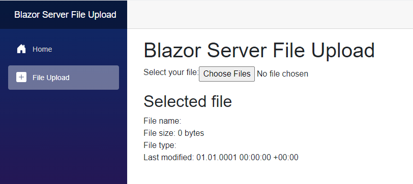 A Blazor Server web application with a Choose Files button on the screen that allows the user to selected files to be uploaded.