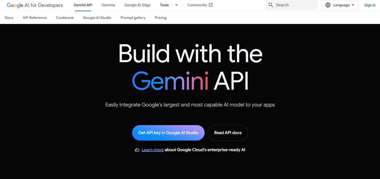 Google Gemini API landing page Google Gemini API landing page