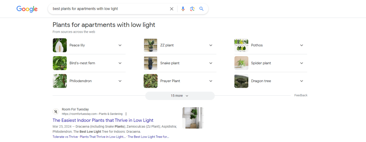 Google search results plants A Google search for “best plants for apartments with low light” yields different types of results with images placed alongside them. The first is a From sources across the web section, it’s titled “Plants for apartments with low light”, and there are 9 results. Below it is an organic search result from the Room for Tuesday website. The post is called “The Easiest Indoor Plants that Thrive in Low Light” and there’s a thumbnail image to the right of it.