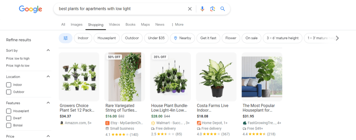 Google Shopping results plants A Google Shopping search for “best plants for apartments with low light”. We see one row of results containing different types of potted plants, their sources (like Amazon, Etsy, and Walmart), as well as ratings and special features.