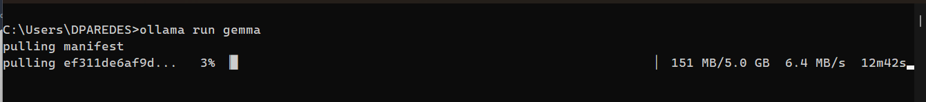 ollama run gemma is at 3% with 151 mb/5 GB