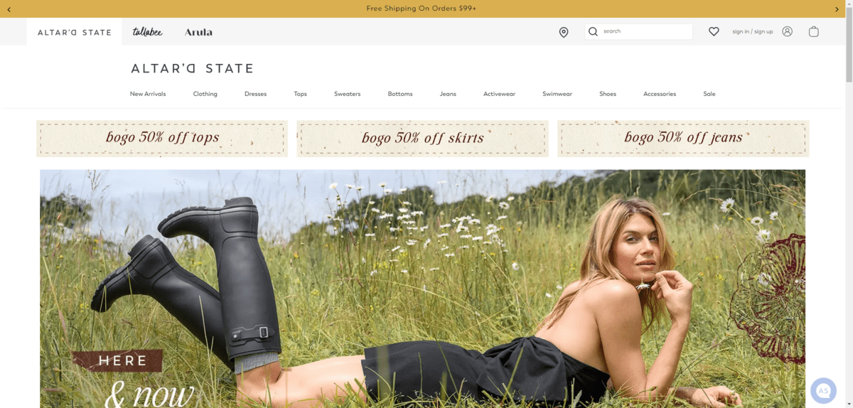 Altar’d State BOGO offers On the Altar’d State website, there are three BOGO offers that appear below the main navigation: BOGO 50% off tops, BOGO 50% off skirts, BOGO 50% off jeans.