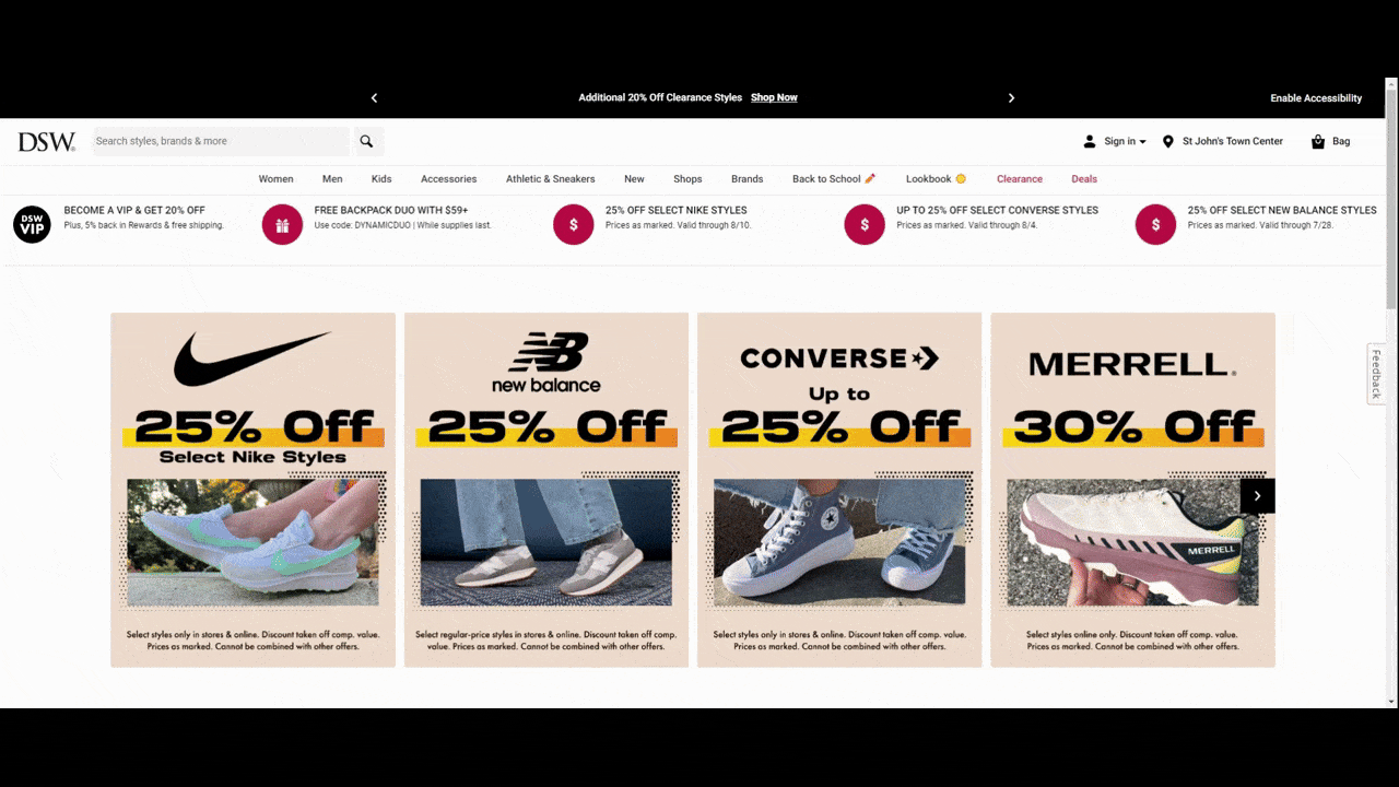 DSW sales carousel On the DSW website, there is a carousel of offers that appears beneath the navigation. The background is white, the text is black, and the icons are red in each individual block. The users use the black appear that appears at the left and right ends of the carousel to flip through each of the offers.
